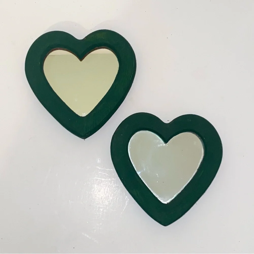 Vintage Hunter Green Painted Wooden Heart Shaped Accent Mirrors Set of 2